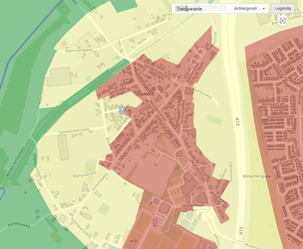 (Venlo, Boekend) Een groot deel van het plaatje, en ook rechtsboven heeft de gele kleur van 1:25, dat is de norm voor akkerland, ook al staan er allemaal mooie nieuwe huizen. De normen zijn niet aangepast aan de nieuwe bestemming.