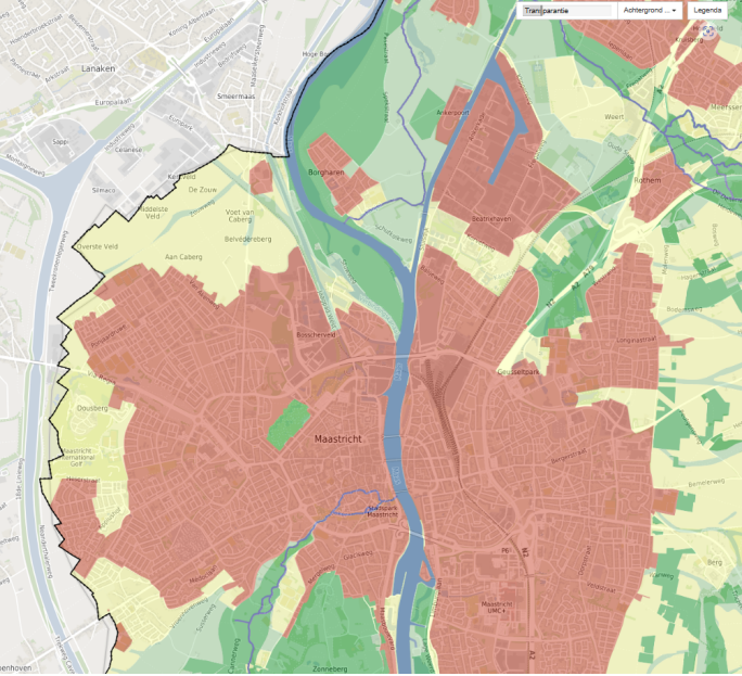 Maastricht heeft een groot â€˜roodâ€™ gebied (1:100). Ten zuiden van het provinciehuis zien we lagere normen van 1:10 en 1:25 (akkerland). In Heugem en Randwyck moest in 2021 geÃ«vacueerd worden. Een goede vraag is of de bijbehorende maatregelen in het â€˜rodeâ€™ gebied wel zijn uitgevoerd.